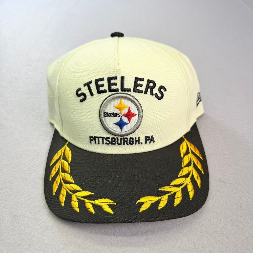 New Era Pittsburgh Steelers Hat Kids Youth OSFM Cream Black Laurel Wreath 9FORTY